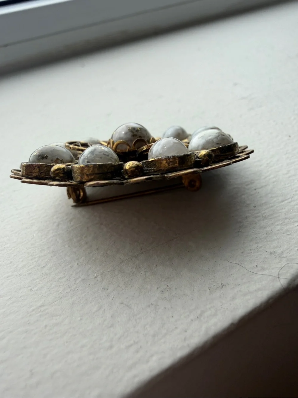 Vintage Gold Tone Filigree Floral Brooch White Confetti Cabochon Pin Mid Century